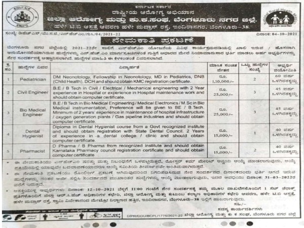 ರಾಷ್ಟ್ರೀಯ ಆರೋಗ್ಯ ಅಭಿಯಾನದಡಿ 11 ಹುದ್ದೆಗಳ ನೇಮಕಾತಿಗೆ ನೇರ ಸಂದರ್ಶನ ರಾಷ್ಟ್ರೀಯ ಆರೋಗ್ಯ ಅಭಿಯಾನದಡಿ 11 ಹುದ್ದೆಗಳ ನೇಮಕಾತಿಗೆ ನೇರ ಸಂದರ್ಶನ