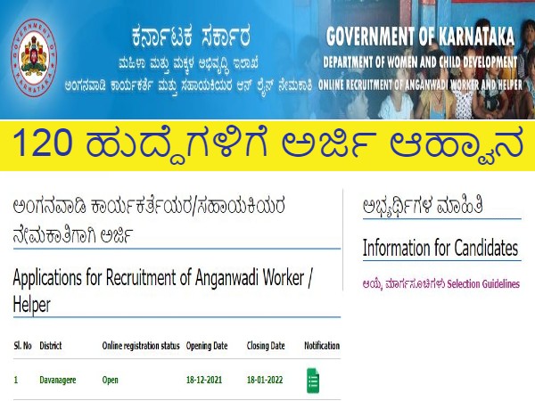 ದಾವಣಗೆರೆ ಅಂಗನವಾಡಿ ಕೇಂದ್ರಗಳಲ್ಲಿ 120 ಕಾರ್ಯಕರ್ತೆ ಮತ್ತು ಸಹಾಯಕಿ ಹುದ್ದೆಗಳ ನೇಮಕಾತಿ ದಾವಣಗೆರೆ ಅಂಗನವಾಡಿ ಕೇಂದ್ರಗಳಲ್ಲಿ 120 ಕಾರ್ಯಕರ್ತೆ ಮತ್ತು ಸಹಾಯಕಿ ಹುದ್ದೆಗಳ ನೇಮಕಾತಿ